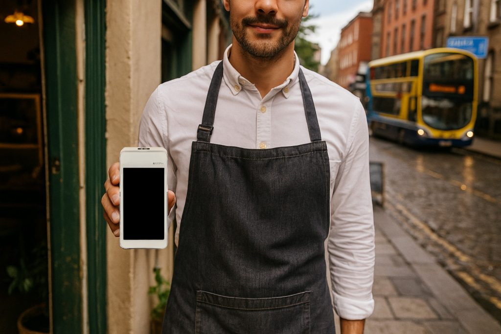 Waiter holding card machine on Dublin street demonstrating same day settlement fees Ireland payment processing