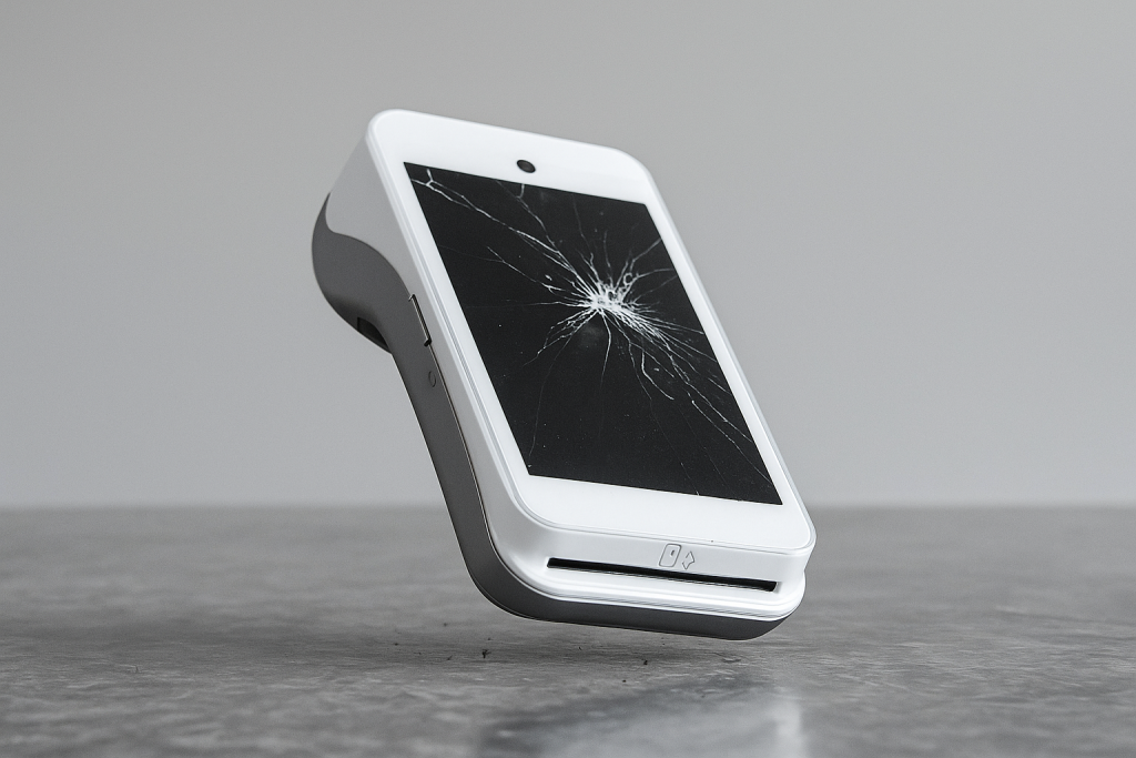 PAX A920 PRO card machine falling with broken screen - card machine insurance Ireland and payment terminal protection from New Payment Innovation