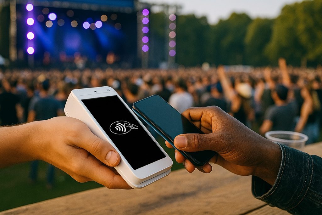 Person making contactless payment at summer festival concert showing festival payments Ireland event payment processing solutions