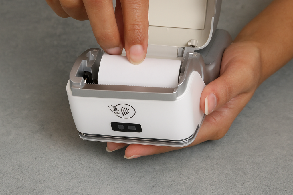 Hands holding open PAX A920 Pro card machine checking receipt printer roll for payment terminal troubleshooting Ireland