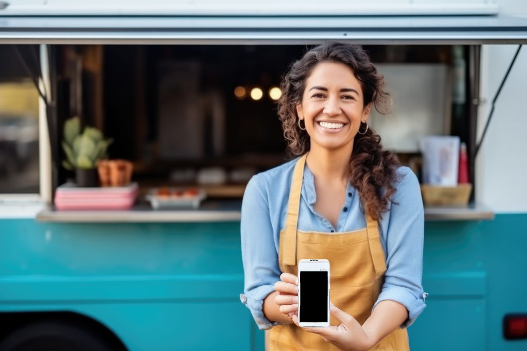 Food truck owner holding PAX A950 payment terminal in front of food truck showing food truck payments Ireland mobile business solutions
