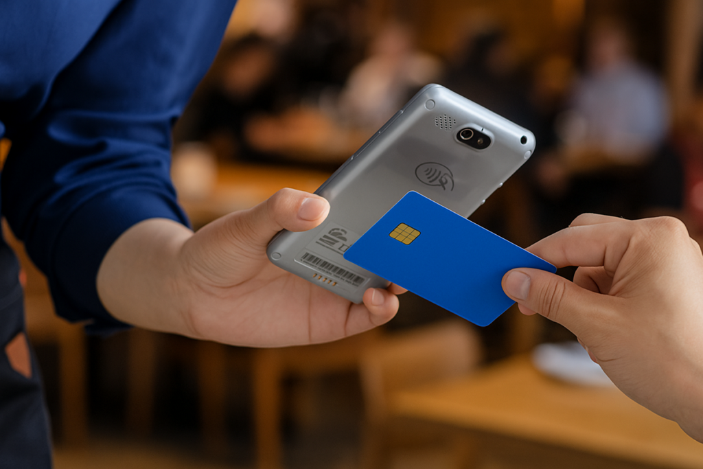 Person making contactless payment using PAX A50 terminal demonstrating buy now pay later Ireland payment processing