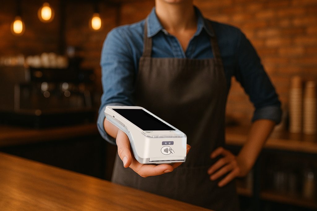Waiter holding PAX A920 Pro portable card machine Ireland demonstrating mobile payment terminal Ireland professional use