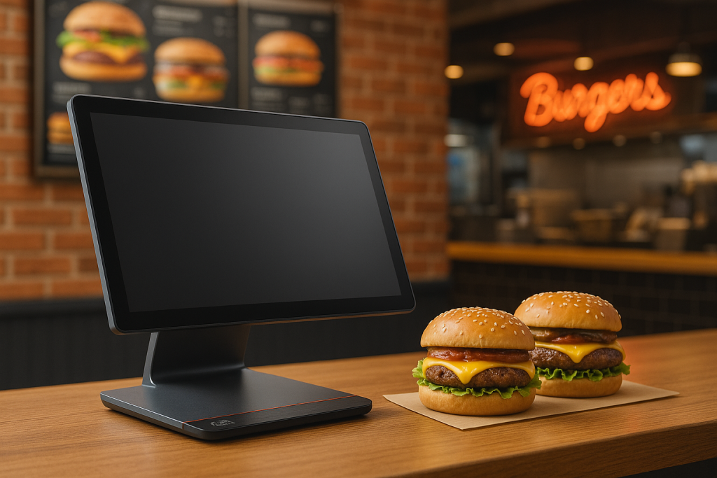 D3 PRO single-display cloud EPOS Ireland system on fast food burger restaurant counter showing modern POS technology