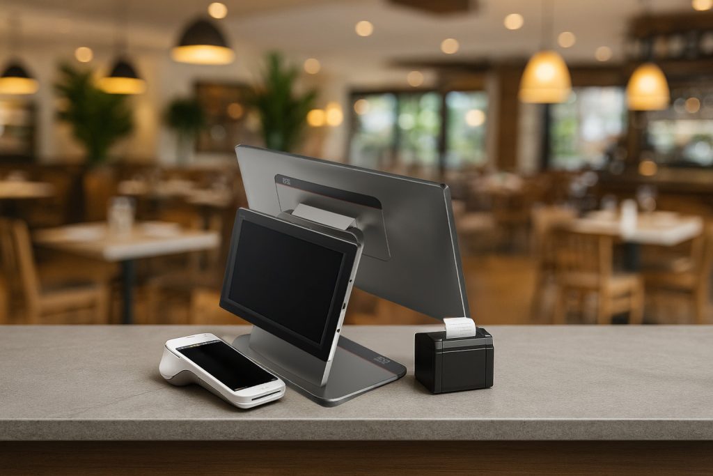 Card machine maintenance Ireland showing double screen EPOS system and PAX A920 PRO terminal care guide equipment - Compayre.ie