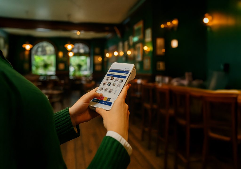 Irish pub waiter holding PAX A920 PRO terminal with multi-currency payments Ireland EPOS screen for international payment processing - Compayre.ie