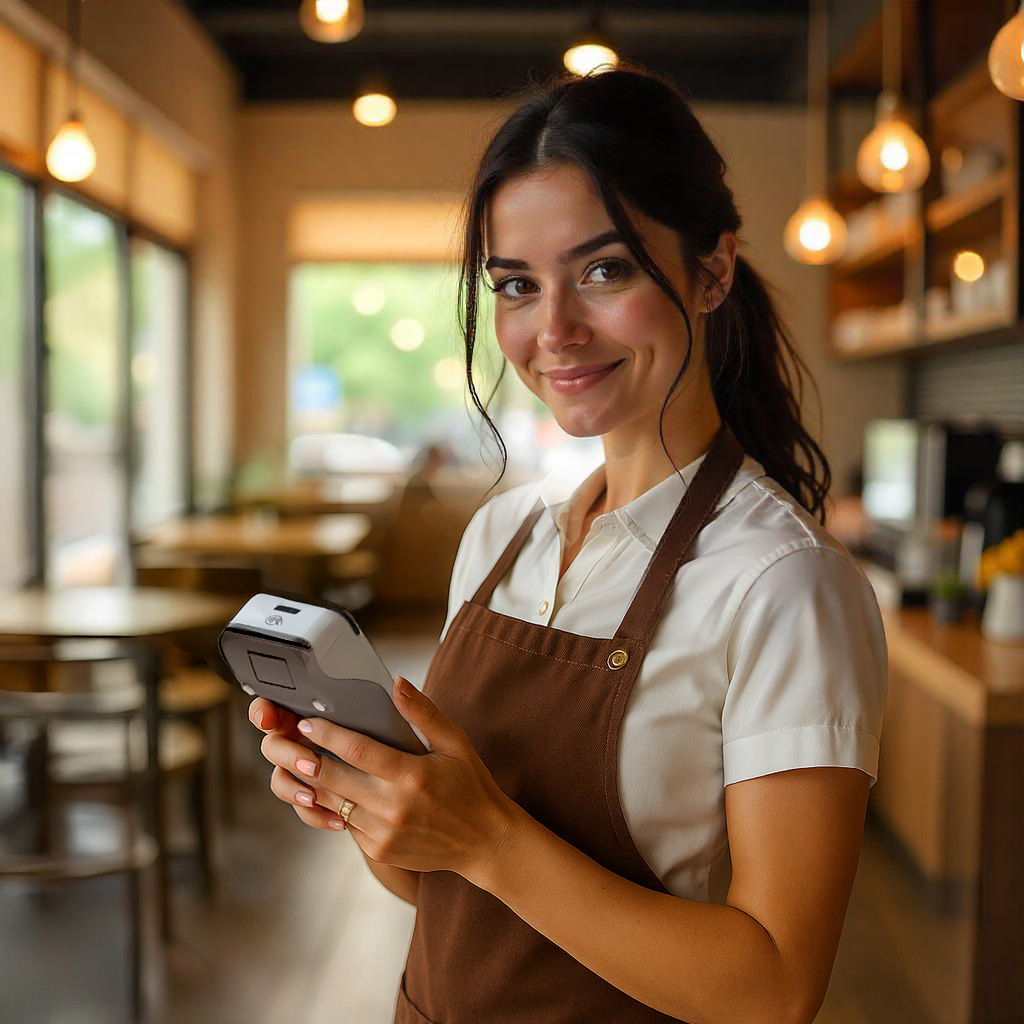 Waiter holding PAX A920 PRO payment terminal demonstrating subscription payments Ireland technology for hospitality recurring billing