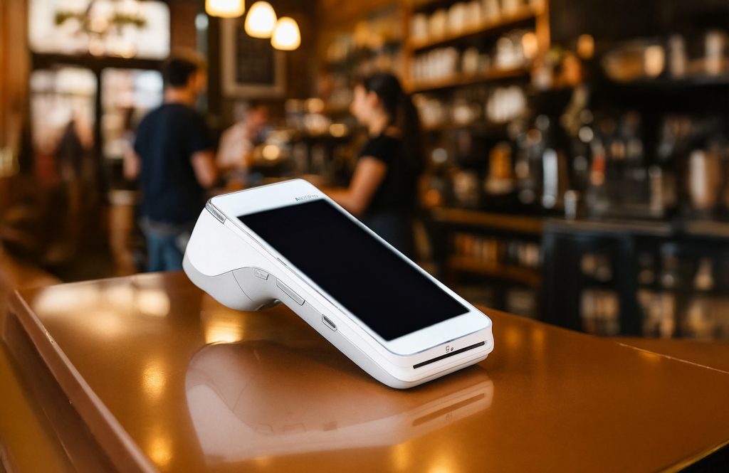 Card machine for small business accepting contactless payment at Irish pub counter