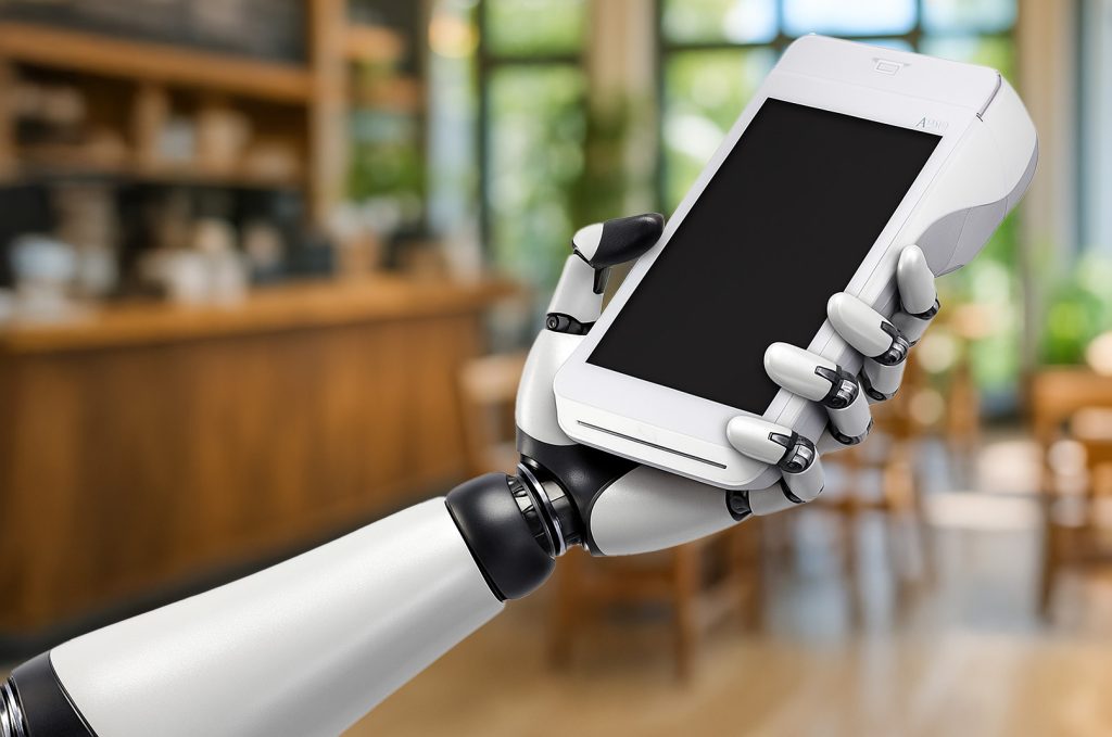 Bionic hand holding PAX A920 PRO card machine demonstrating AI payment processing Ireland technology