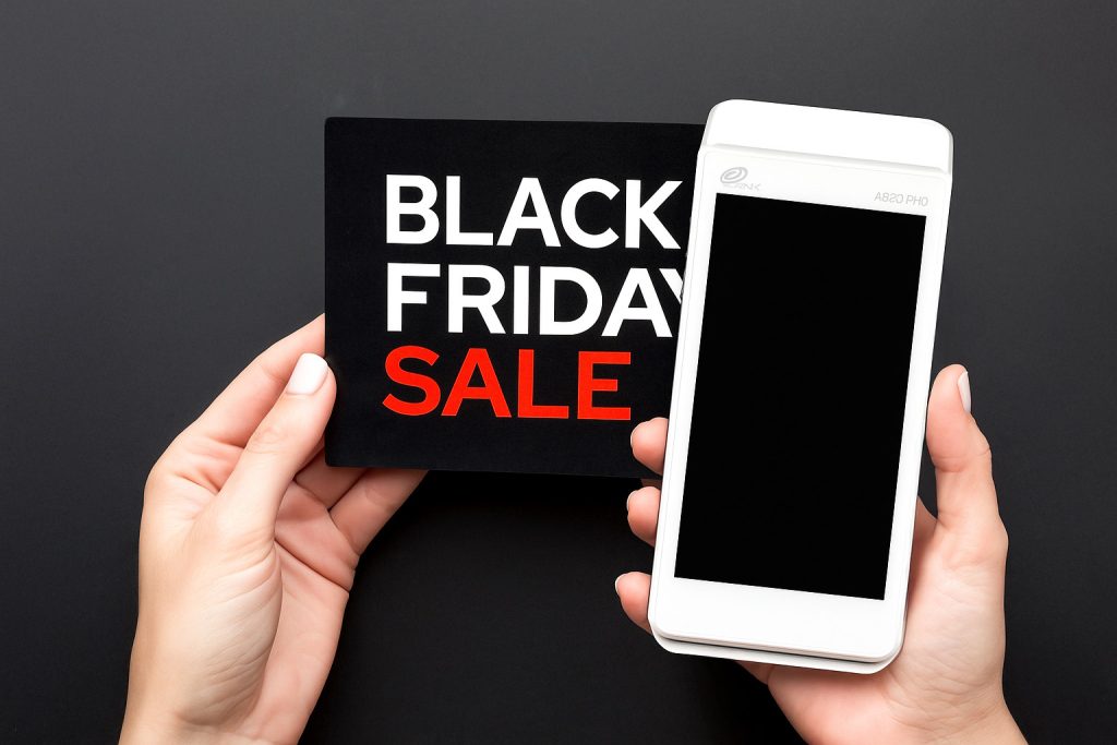 Hand holding Black Friday sale sign whilst customer uses PAX A920 PRO for Black Friday payments Ireland transaction