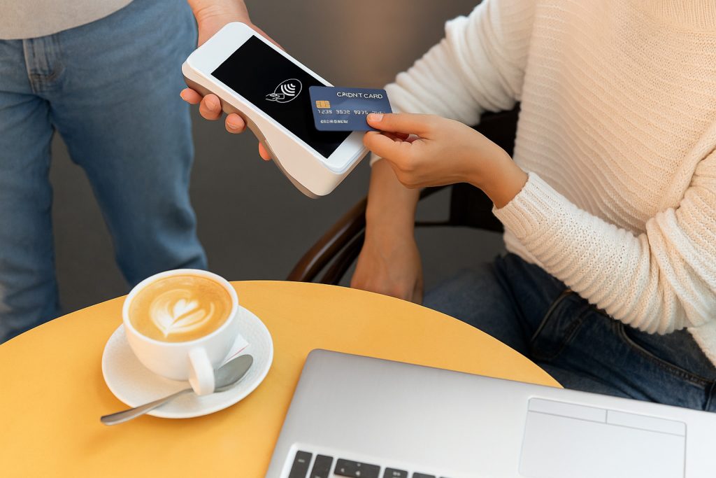 Customer making contactless payment at Irish coffee shop exploring open banking payments Ireland as alternative payment method
