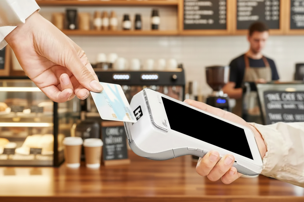 Customer making contactless payment at Irish coffee shop with PAX A920 PRO terminal protected against card skimming Ireland