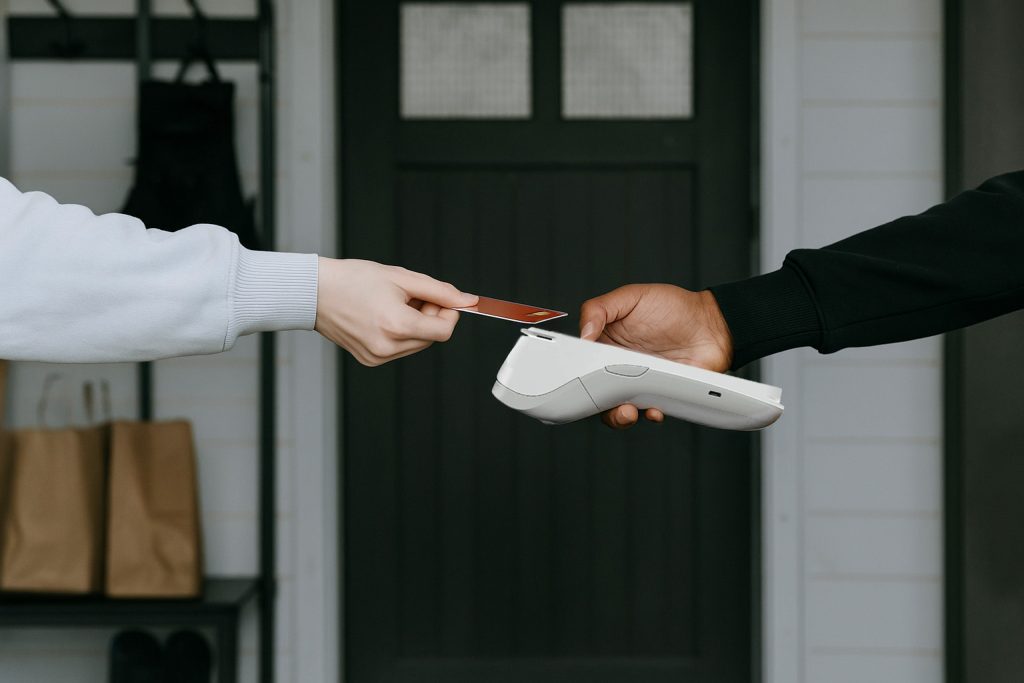 Person making contactless payment on PAX A920PRO card terminal representing payment processing Ireland with hidden fees and transparent pricing